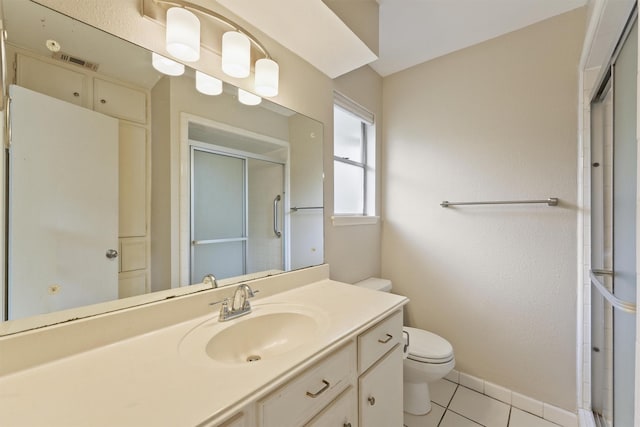 bathroom with visible vents, tile patterned flooring, toilet, baseboards, and a shower stall
