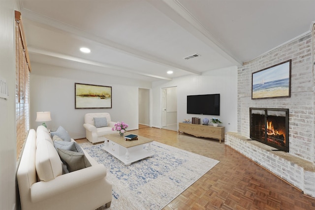 12510 Deep Spring Ln, Houston, TX 77077 - living room featuring beam ceiling, a brick fireplace, and recessed lighting