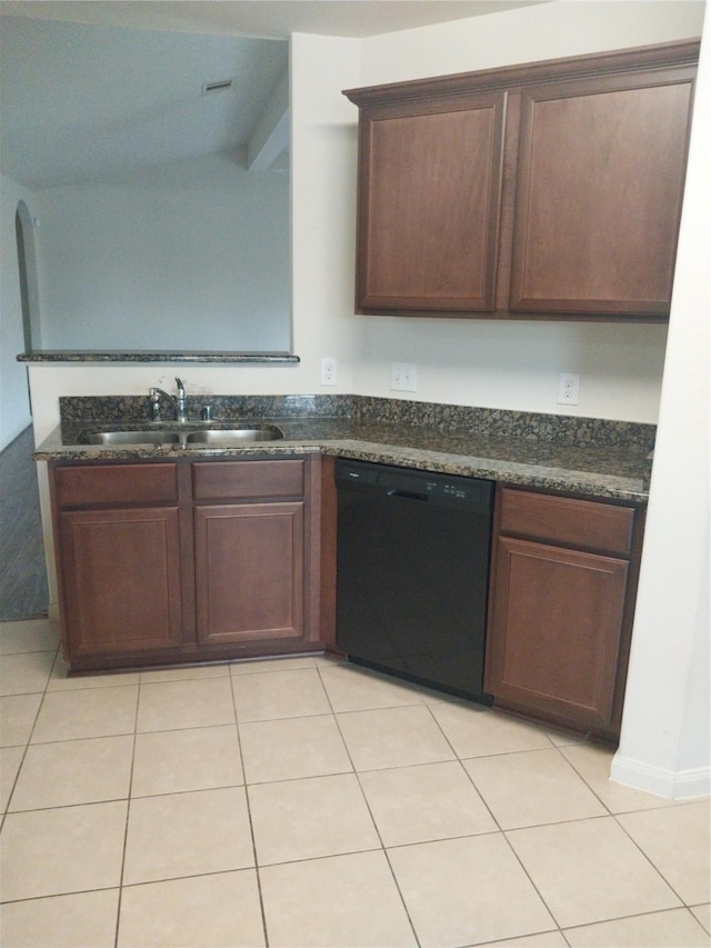 kitchen with a sink, black dishwasher, light tile patterned flooring, and dark brown cabinetry