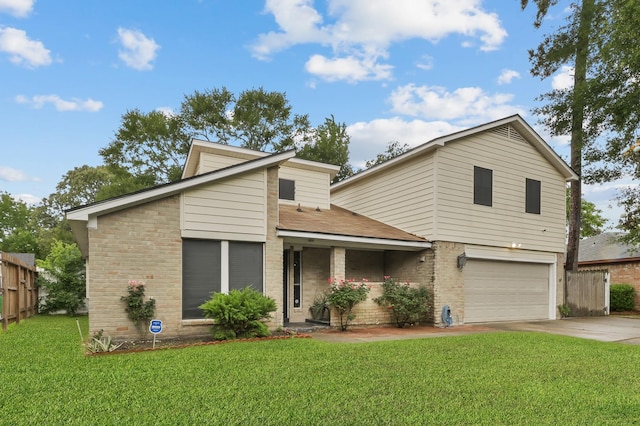 mid-century inspired home featuring a front lawn, fence, brick siding, concrete driveway, and an attached garage