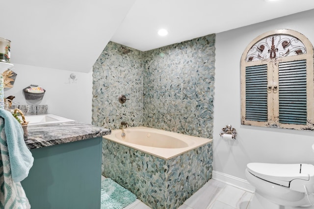 full bathroom featuring a bath, vanity, baseboards, toilet, and recessed lighting