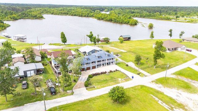 bird's eye view with a water view and a wooded view