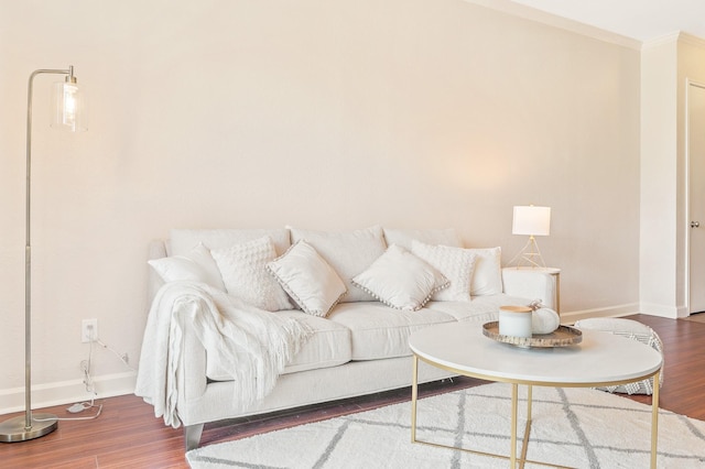living room featuring crown molding, baseboards, and wood finished floors