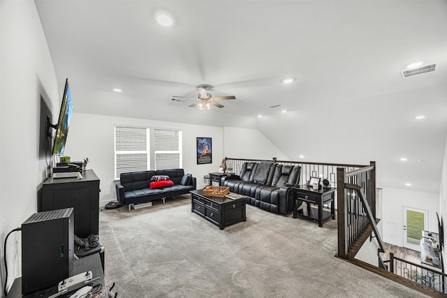 living room with carpet floors, a ceiling fan, baseboards, recessed lighting, and visible vents