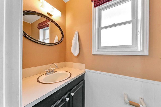 bathroom featuring vanity, a wainscoted wall, and a wealth of natural light