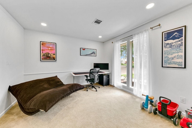 carpeted office space featuring baseboards, recessed lighting, and visible vents