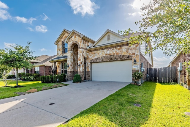 view of front facade with a front yard, brick siding, fence, concrete driveway, and stone siding
