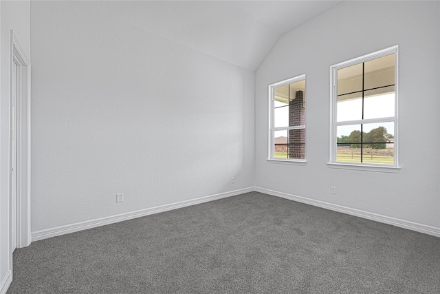 123 Big Spring Dr, Anahuac, TX 77514 - empty room featuring lofted ceiling, dark colored carpet, and baseboards