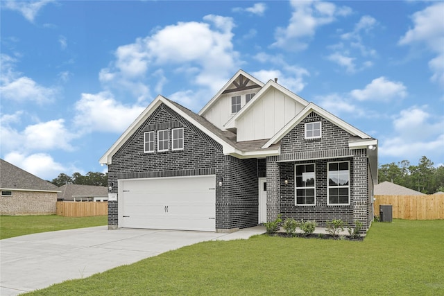 123 Big Spring Dr, Anahuac, TX 77514 - view of front of home featuring board and batten siding, driveway, brick siding, cooling unit, and a garage