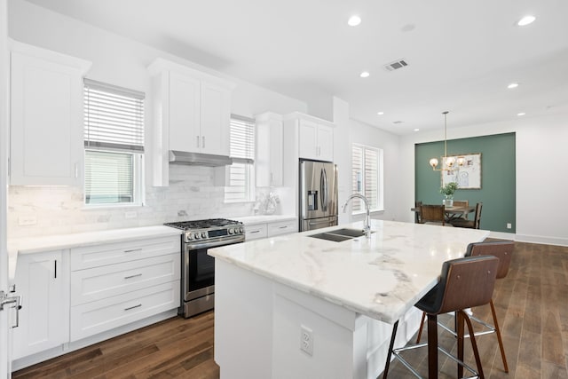 kitchen featuring visible vents, appliances with stainless steel finishes, a center island with sink, a sink, and under cabinet range hood