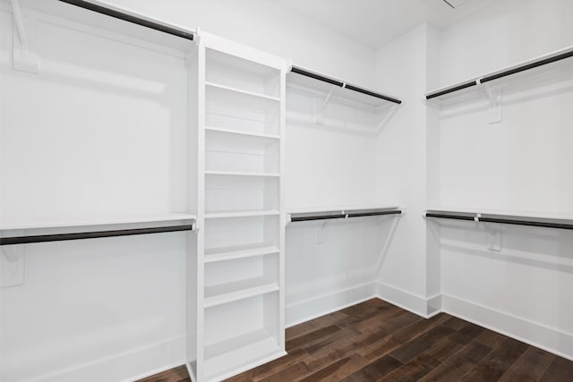 walk in closet with dark wood-style floors