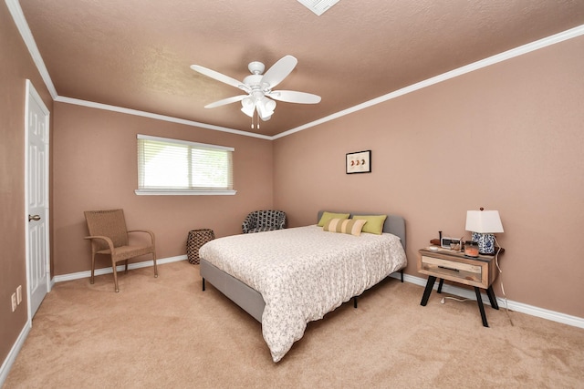 bedroom with crown molding, a ceiling fan, baseboards, and light colored carpet