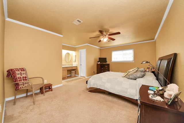 bedroom featuring baseboards, light colored carpet, ornamental molding, and visible vents