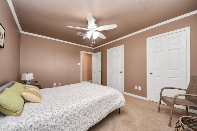 bedroom with ceiling fan, visible vents, light carpet, and ornamental molding