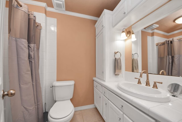 full bathroom featuring crown molding, vanity, tile patterned flooring, and toilet