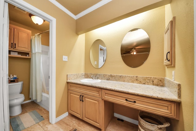 full bath with vanity, ornamental molding, toilet, a ceiling fan, and shower / bath combo
