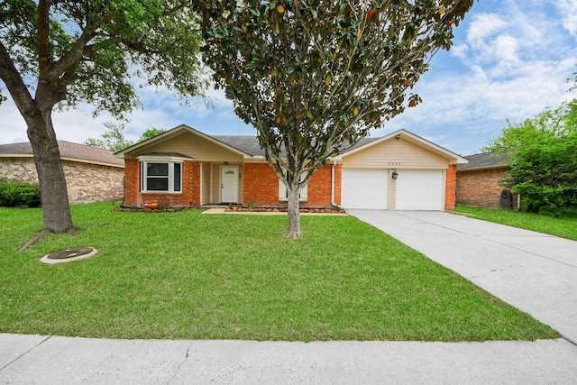 ranch-style home with brick siding, driveway, a front lawn, and a garage
