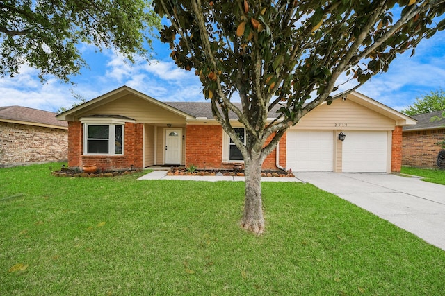 ranch-style home with brick siding, a front lawn, an attached garage, and concrete driveway