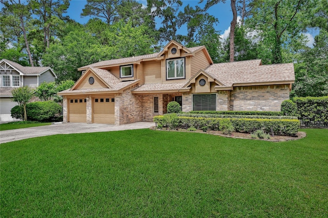 craftsman-style house with a shingled roof, brick siding, a garage, a front yard, and concrete driveway