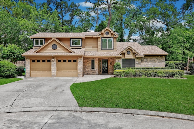 view of front of property with driveway, roof with shingles, a garage, fence, and a front lawn