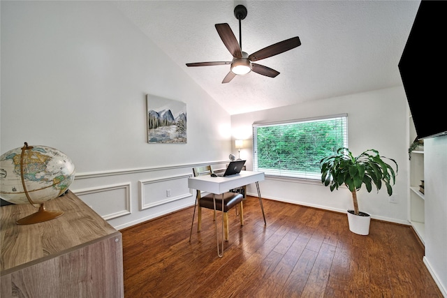 office featuring a textured ceiling, ceiling fan, wood finished floors, and lofted ceiling