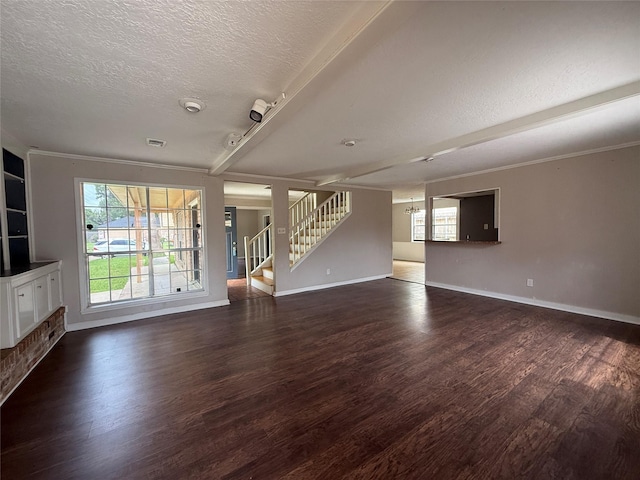 unfurnished living room with baseboards, a textured ceiling, dark wood-type flooring, and stairway