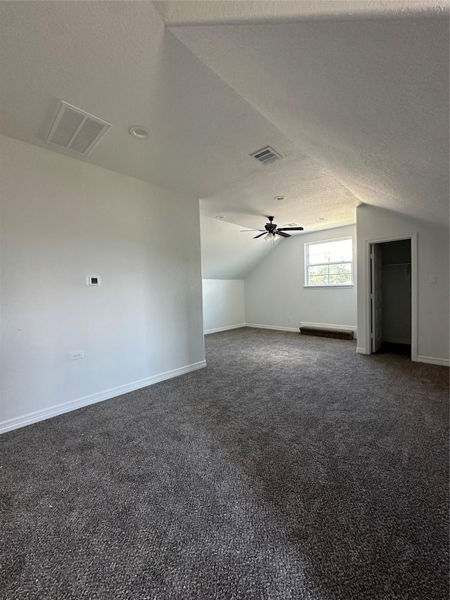 507 Kickapoo Dr, Anahuac, TX 77514 - additional living space with baseboards, vaulted ceiling, dark colored carpet, and visible vents