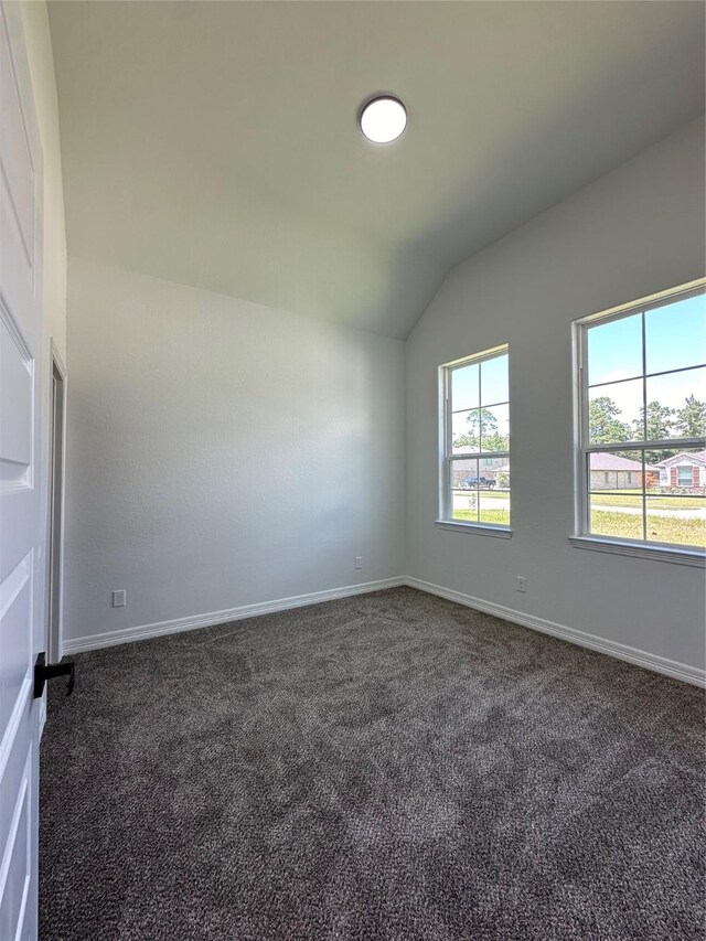 507 Kickapoo Dr, Anahuac, TX 77514 - empty room with baseboards, dark carpet, and lofted ceiling
