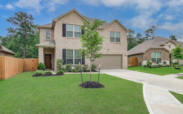 view of front of property featuring brick siding, a garage, fence, and concrete driveway
