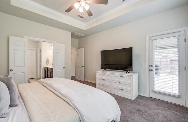 bedroom with carpet floors, visible vents, access to exterior, and ornamental molding