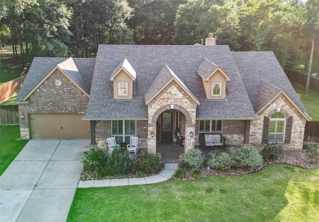 13882 Oak Manor Dr, Willis, TX 77318 - view of front facade featuring concrete driveway, stone siding, a front yard, and roof with shingles