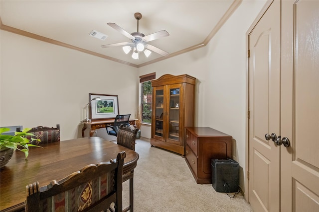 28406 Green Mill Ct, Spring, TX 77386 - home office with a ceiling fan, visible vents, light carpet, and ornamental molding