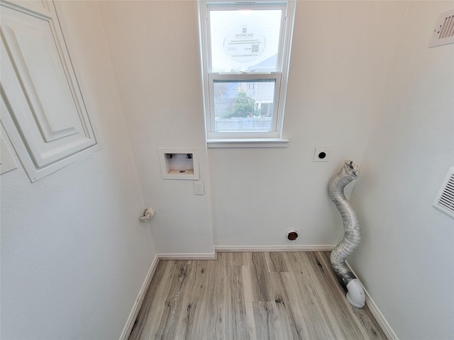 5703 Fraser Ave, Galveston, TX 77551 - washroom with laundry area, light wood-style floors, baseboards, hookup for a washing machine, and electric dryer hookup