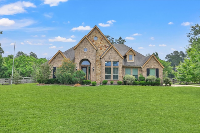 view of front of property with brick siding, fence, and a front yard