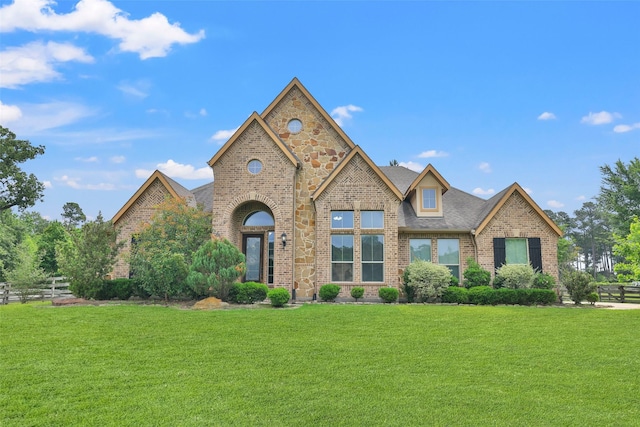 french country inspired facade with brick siding, a shingled roof, fence, and a front yard