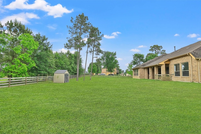 view of yard with a storage shed, an outdoor structure, and a fenced backyard