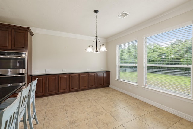 unfurnished dining area featuring crown molding, a chandelier, visible vents, and light tile patterned flooring