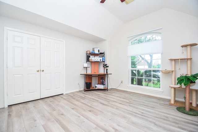 1026 Jasons Bend Dr, Sugar Land, TX 77479 - office area with ceiling fan, wood finished floors, vaulted ceiling, and baseboards