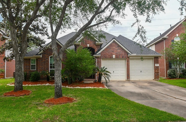 traditional-style house featuring an attached garage, a shingled roof, driveway, and brick siding