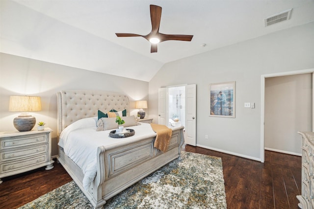 14718 Kings Head Dr, Houston, TX 77044 - bedroom with a ceiling fan, baseboards, wood finished floors, lofted ceiling, and visible vents