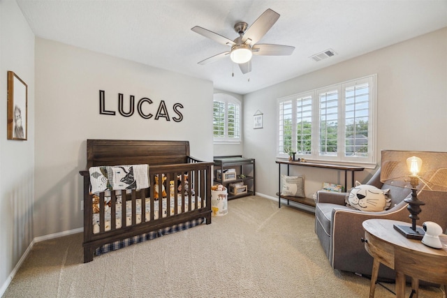 14718 Kings Head Dr, Houston, TX 77044 - bedroom featuring visible vents, carpet flooring, baseboards, and ceiling fan