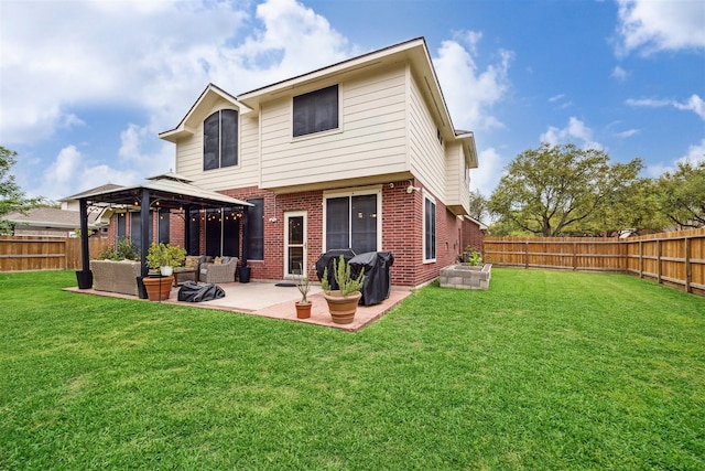 14718 Kings Head Dr, Houston, TX 77044 - rear view of property with a patio, a fenced backyard, an outdoor living space, brick siding, and a gazebo