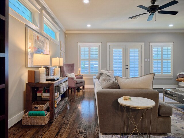 228 E Woodland St, Houston, TX 77009 - living area featuring baseboards, recessed lighting, crown molding, and dark wood-style floors