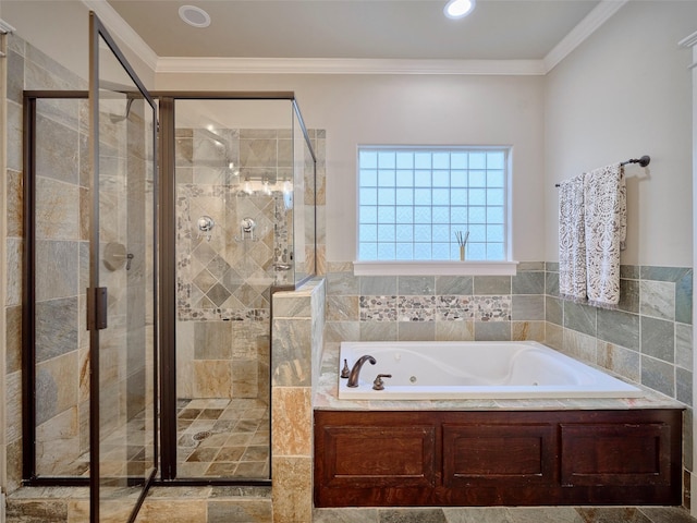 228 E Woodland St, Houston, TX 77009 - full bath featuring a whirlpool tub, a stall shower, and ornamental molding