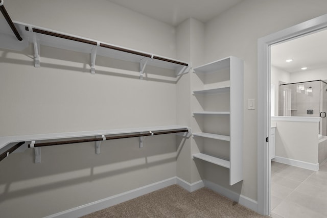 walk in closet featuring light colored carpet