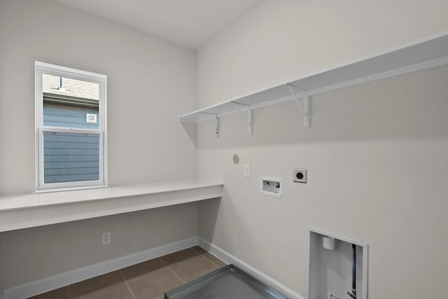 laundry room featuring laundry area, tile patterned flooring, baseboards, electric dryer hookup, and washer hookup