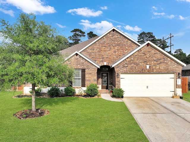 ranch-style home with brick siding, a front lawn, an attached garage, and driveway