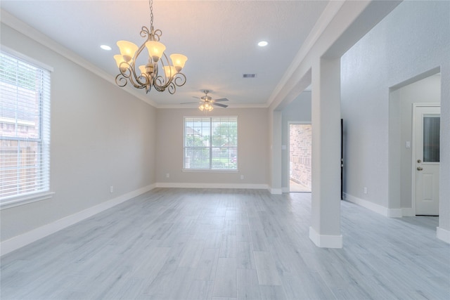 unfurnished room with visible vents, crown molding, light wood-type flooring, baseboards, and ceiling fan with notable chandelier