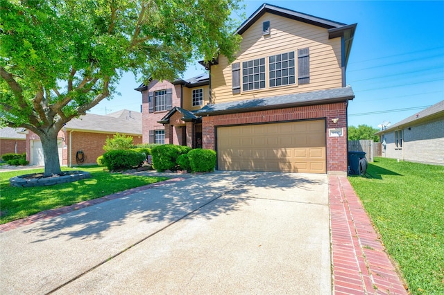 traditional home featuring a front lawn, fence, brick siding, concrete driveway, and an attached garage