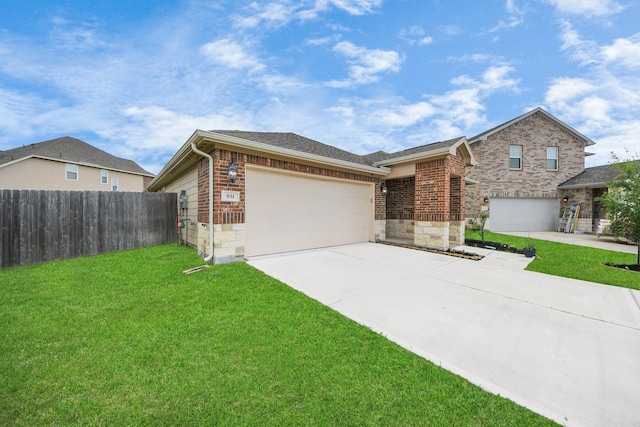 ranch-style house with brick siding, fence, driveway, and a front yard